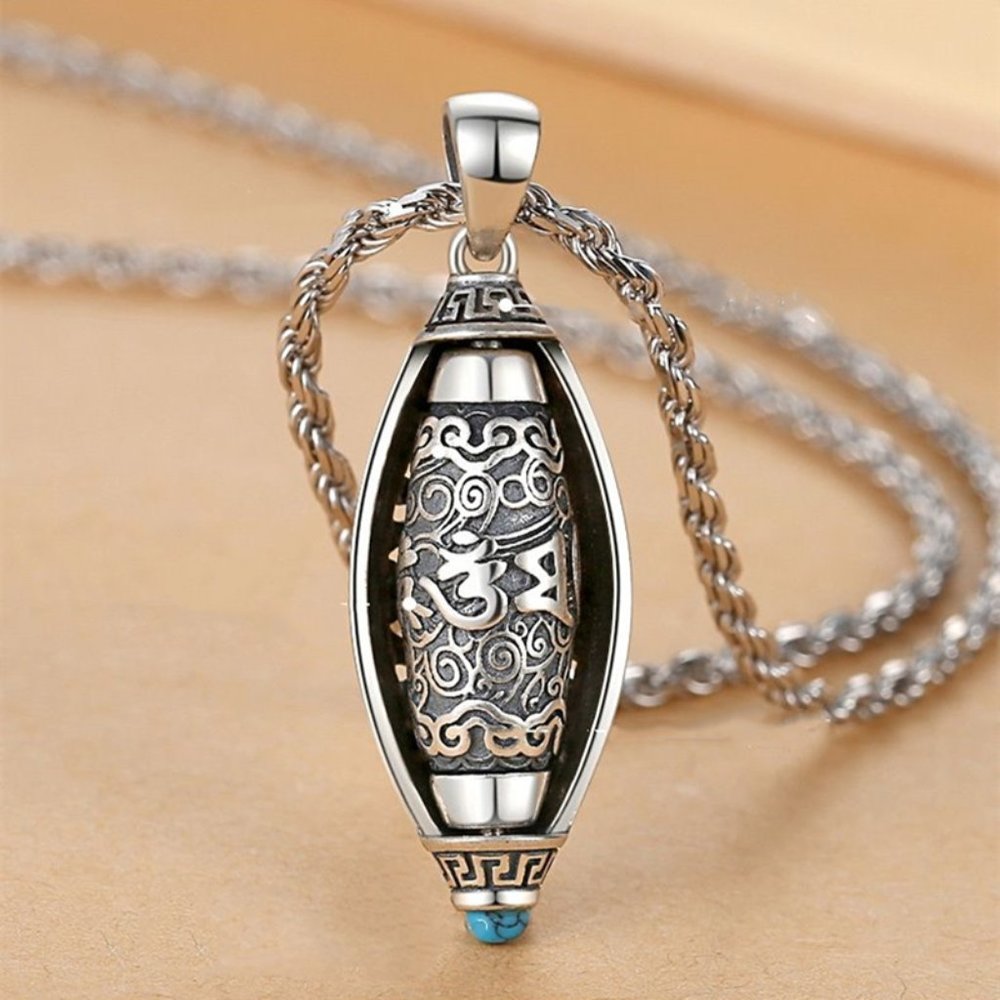 Tibetan good luck mantra necklace  S925 silver with a turquoise